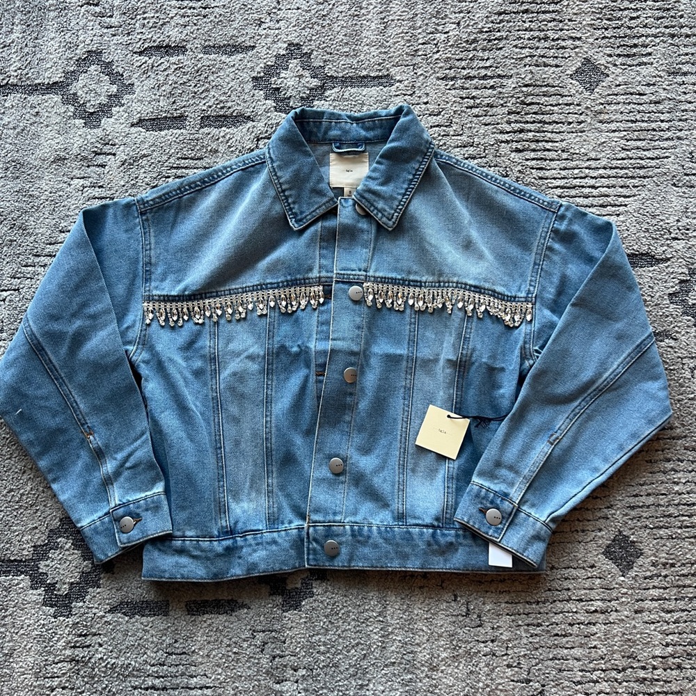 Tgla Francescas Rhinestone Fringe Cropped Denim Jacket – New With Tags
